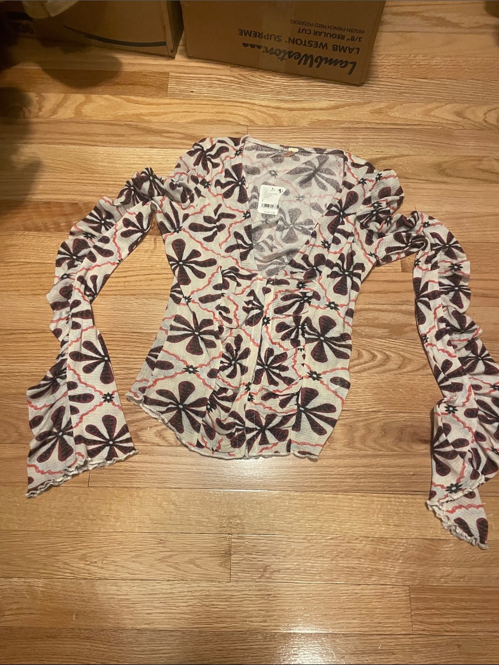 Free People Cream Top with Black Floral Motif and Rust Accents